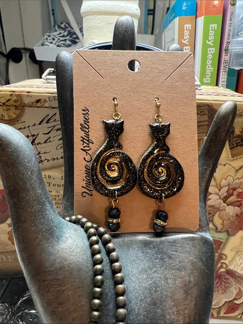 Hand Crafted Black & Gold Spiral Cat Dangle Earrings